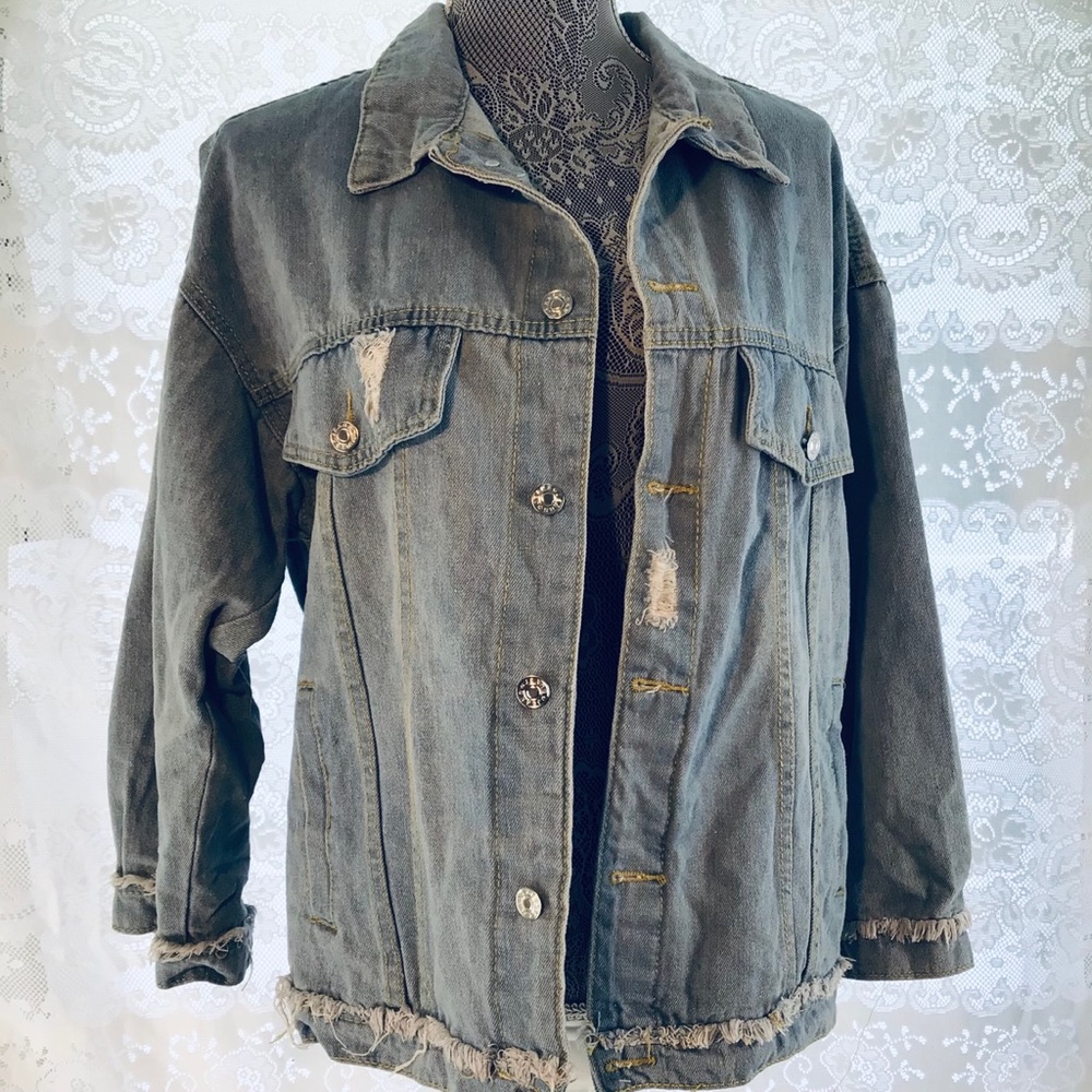Denim Jean Jacket button down frayed distressed